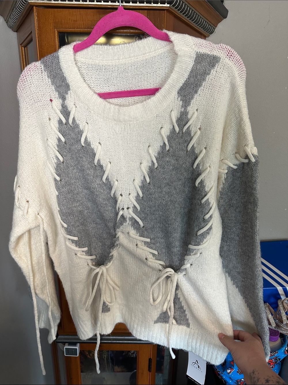 Cozy Lace-Up Crewneck Sweater in Cream and Gray